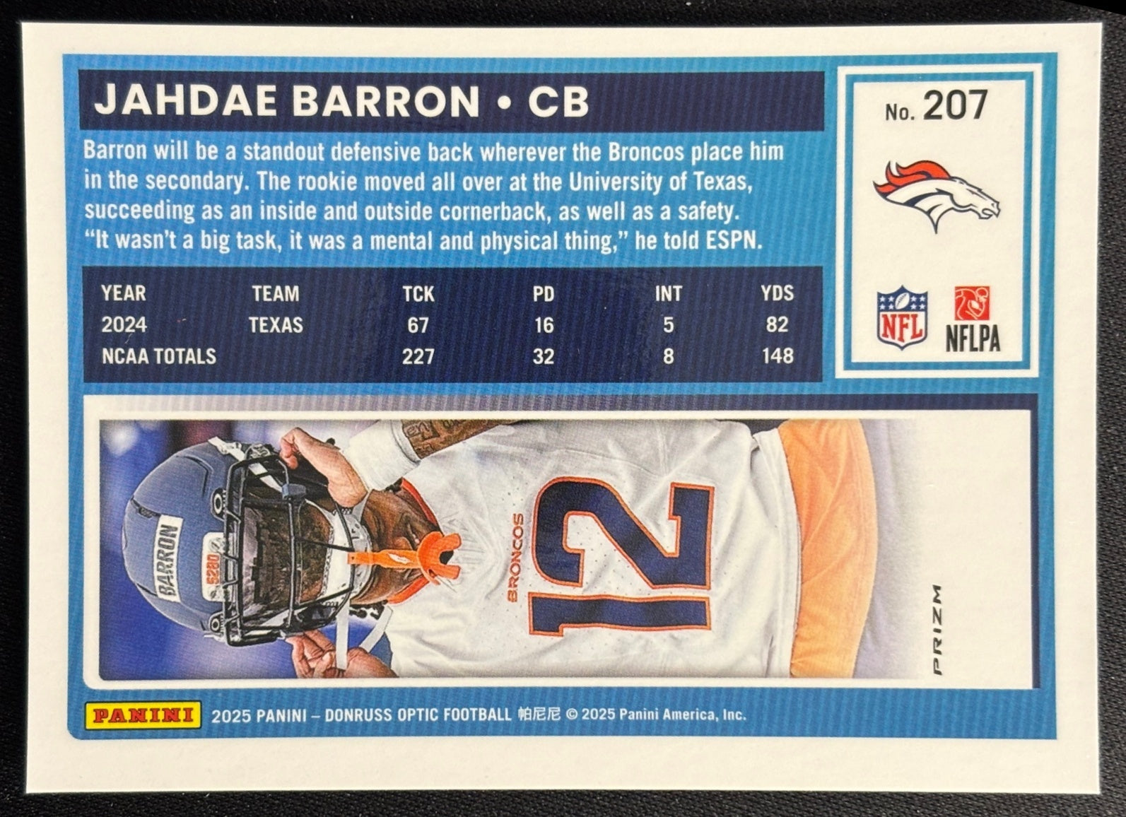 Jahdae Barron 2025 Donruss Optic Rated Rookie Blue Hyper Prizm Broncos - Back