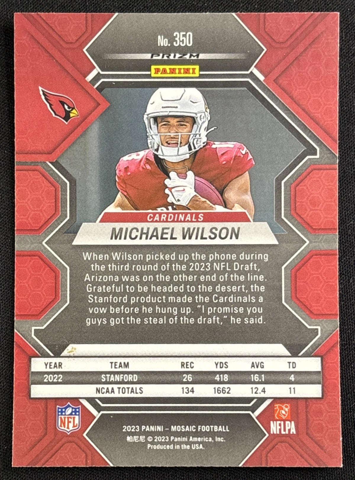 Michael Wilson 2023 Panini Mosaic Reactive Yellow Mosaic Cardinals - back