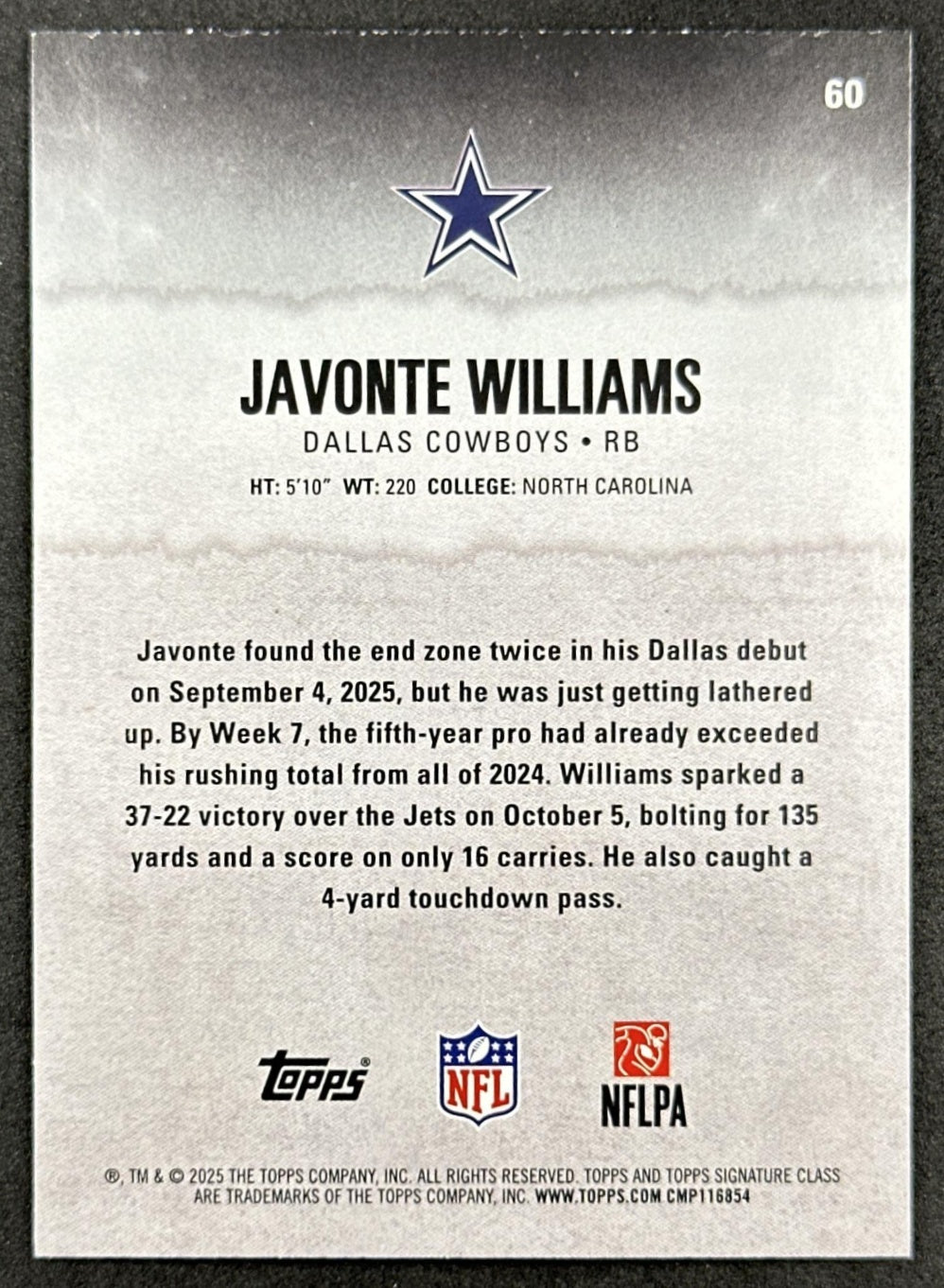 Javonte Williams 2025 Topps Signature Class Veteran Green & Purple Foil Cowboys back