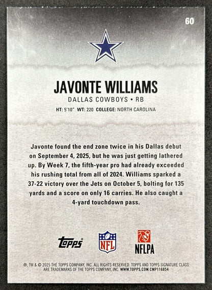 Javonte Williams 2025 Topps Signature Class Veteran Green & Purple Foil Cowboys back