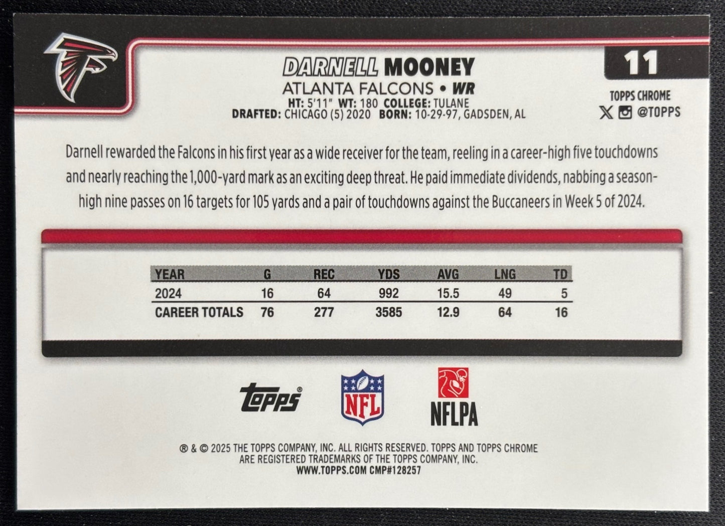 Darnell Mooney 2025 Topps Chrome RayWave Refractor Falcons Sports Trading Cards