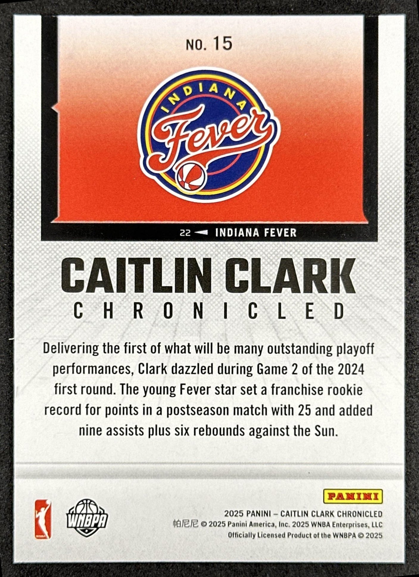 Caitlin Clark 2025 Panini Chronicled WNBA Holo Fever 15 Indiana Fever