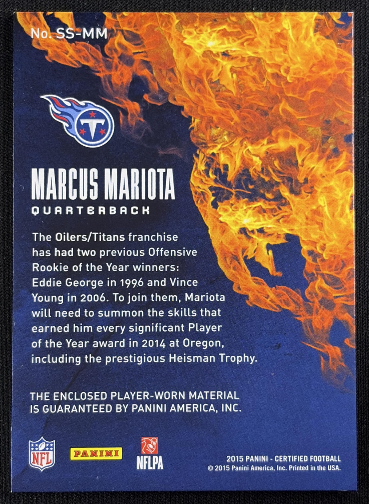 Back of Marcus Mariota 2015 Panini Certified Scorching Swatches Mirror Blue /99 Titans sports trading card