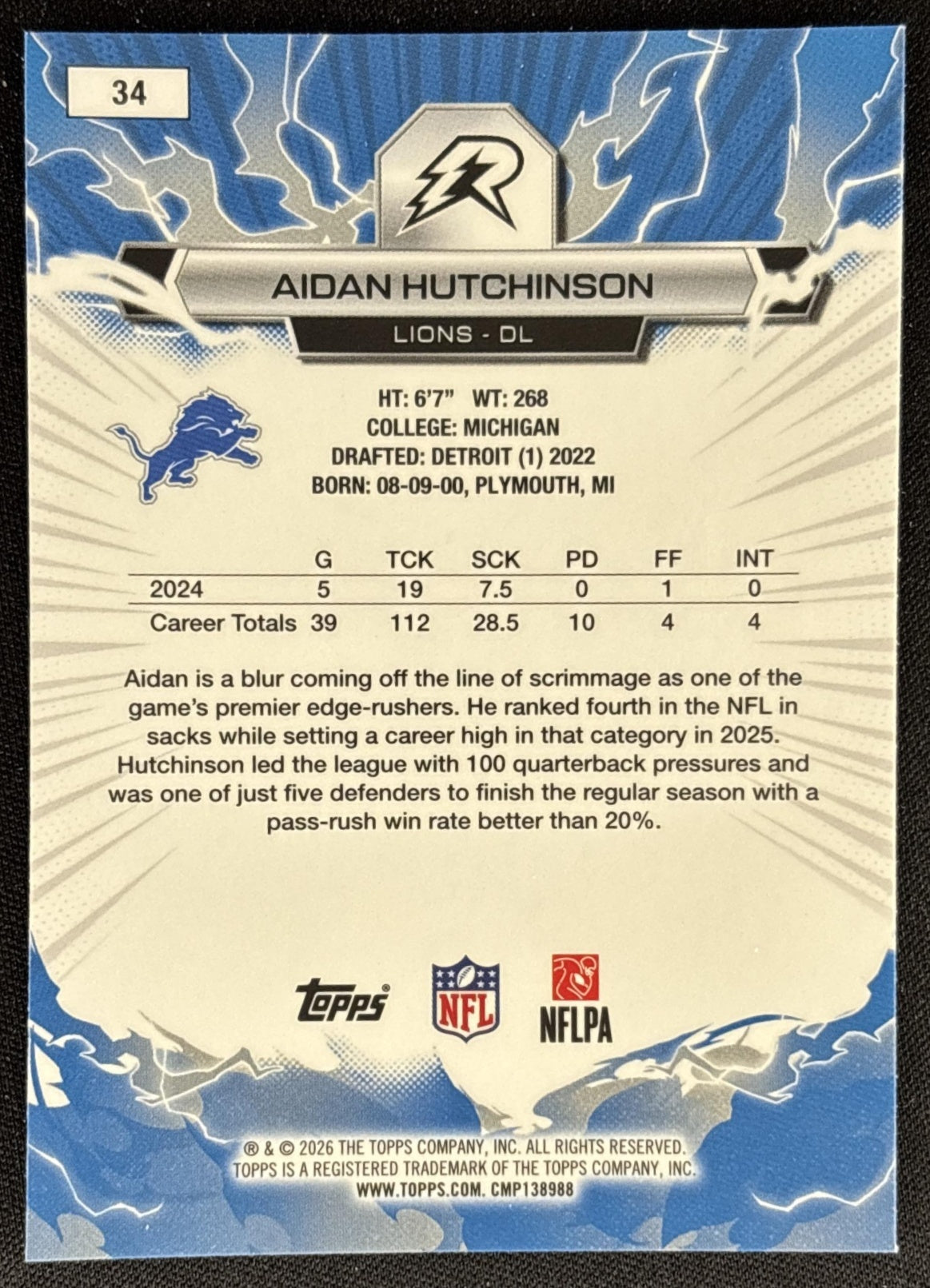 Aidan Hutchinson 2025 Topps Resurgence Blue and Orange Spark Refractor Lions
