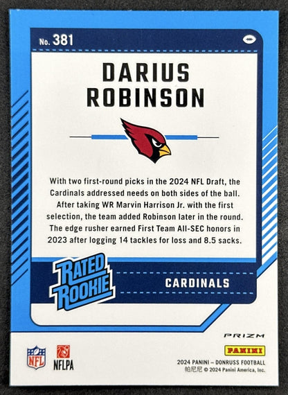 Darius Robinson 2024 Donruss Optic Rated Rookie Preview Red and Green Cardinals Back