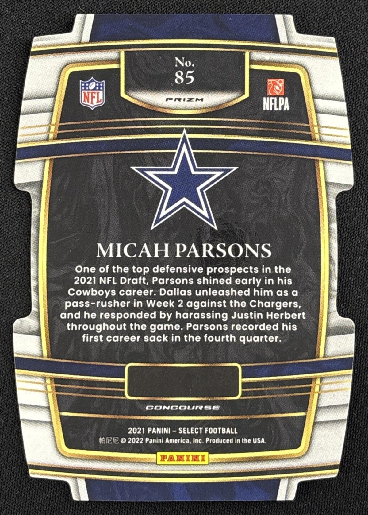 Micah Parsons 2021 Panini Select Red and Yellow Prizm Die Cut Cowboys - Back