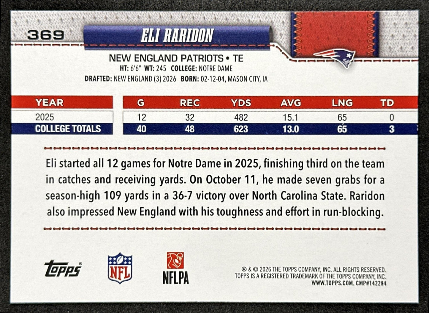 Eli Raridon 2026 Topps Flagship Rookie Patriots Sports Trading Cards