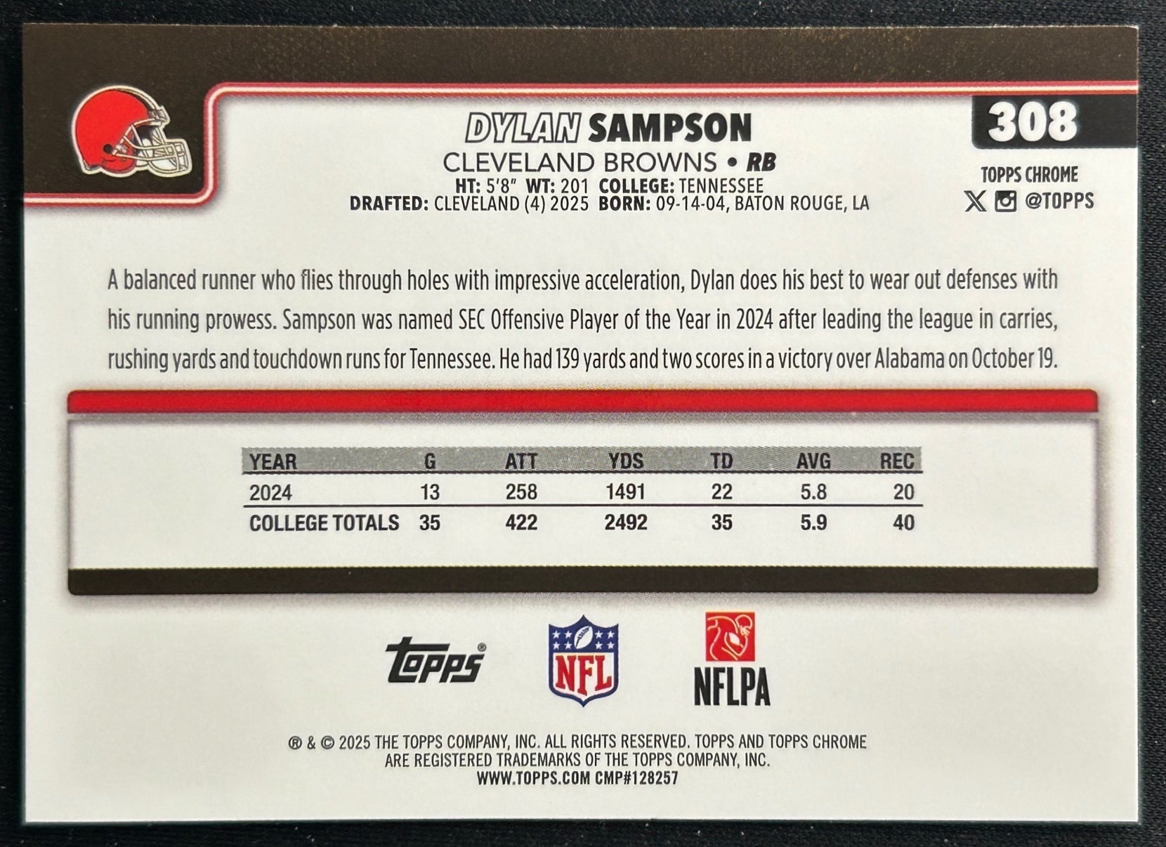 Dylan Sampson 2025 Topps Chrome Rookie Browns Sports Trading Cards