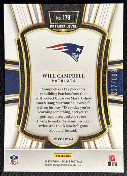Will Campbell 2025 Select Premier Level Neon Green Prizm Shock /699 Patriots