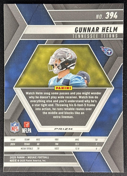 Gunnar Helm 2025 Panini Mosaic Rookies Reactive Blue Prizm Titans Sports Trading Cards