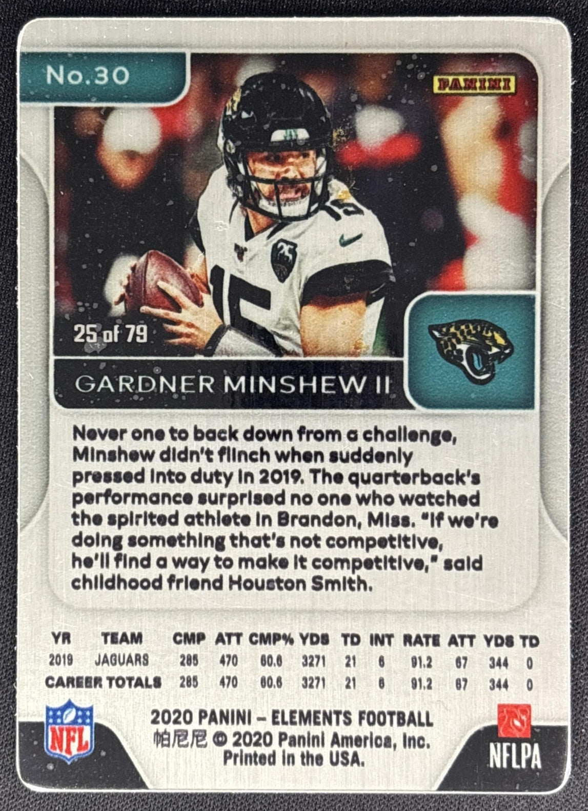 Gardner Minshew II 2020 Panini Elements /79 Jaguars back