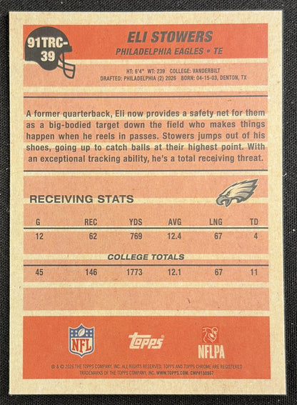 Eli Stowers 2026 Topps 1991 Chrome Rookie Mojo Refractor Eagles back