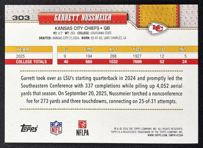 Garrett Nussmeier 2026 Topps Pink Diamante Foil Chiefs