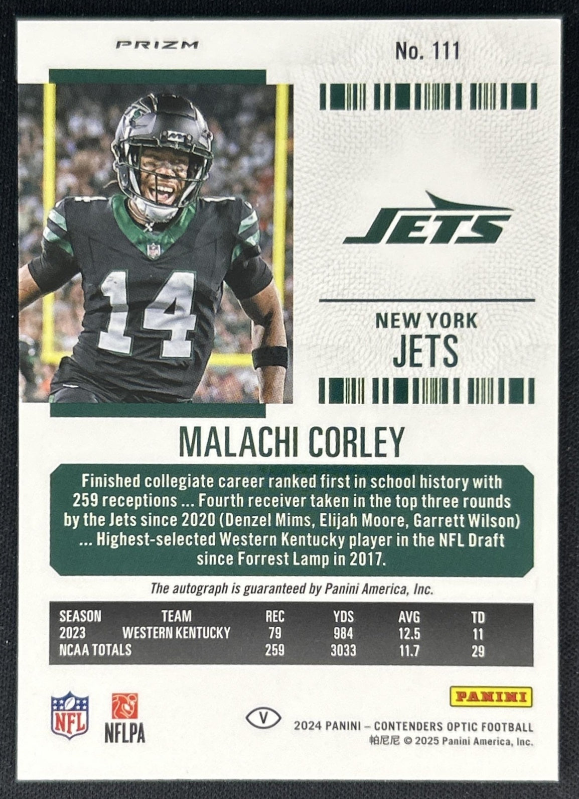 Malachi Corley 2024 Contenders Optic Rookie Ticket RPS Auto Silver Prizm Jets back
