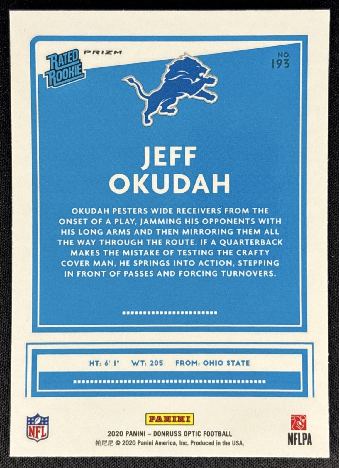 Jeff Okudah 2020 Panini Donruss Optic Holo Prizm Lions back