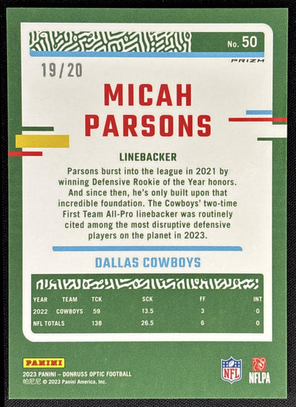 Micah Parsons 2023 Panini Donruss Optic Lime Green Prizm /20 Cowboys Dallas Cowboys