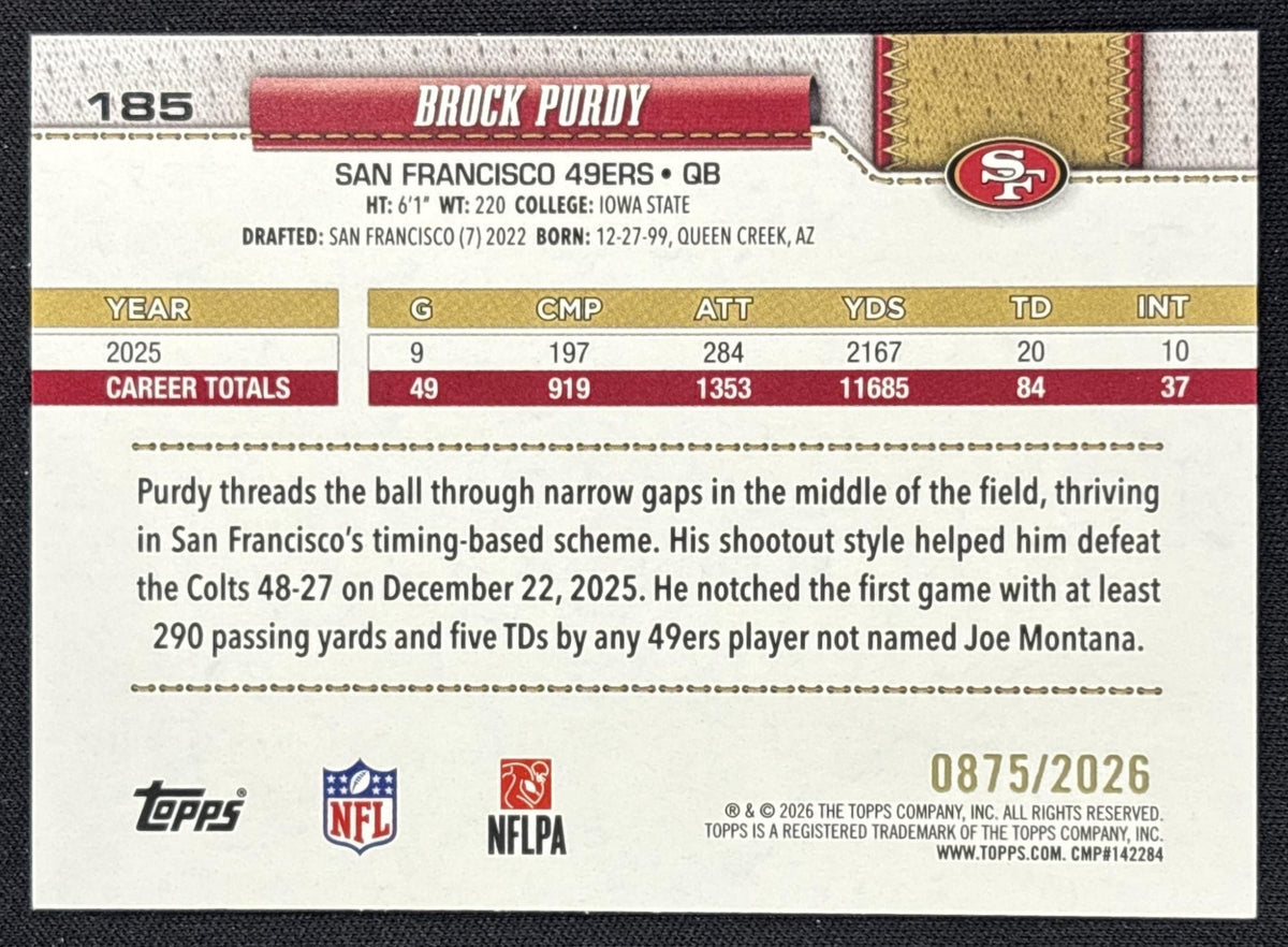 Brock Purdy 2026 Topps Gold /2026 49ers 2 back
