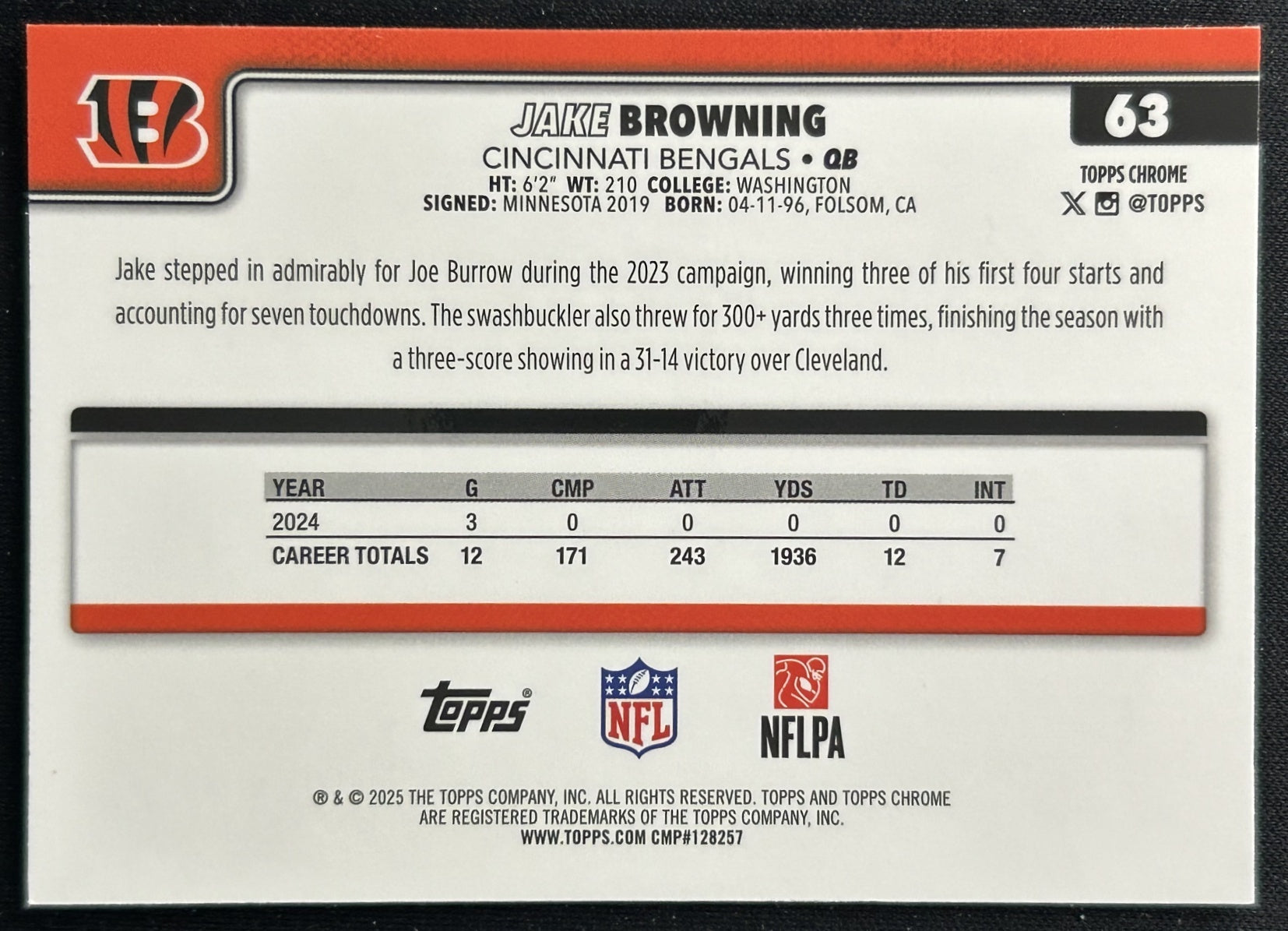 Jake Browning 2025 Topps Chrome Bengals