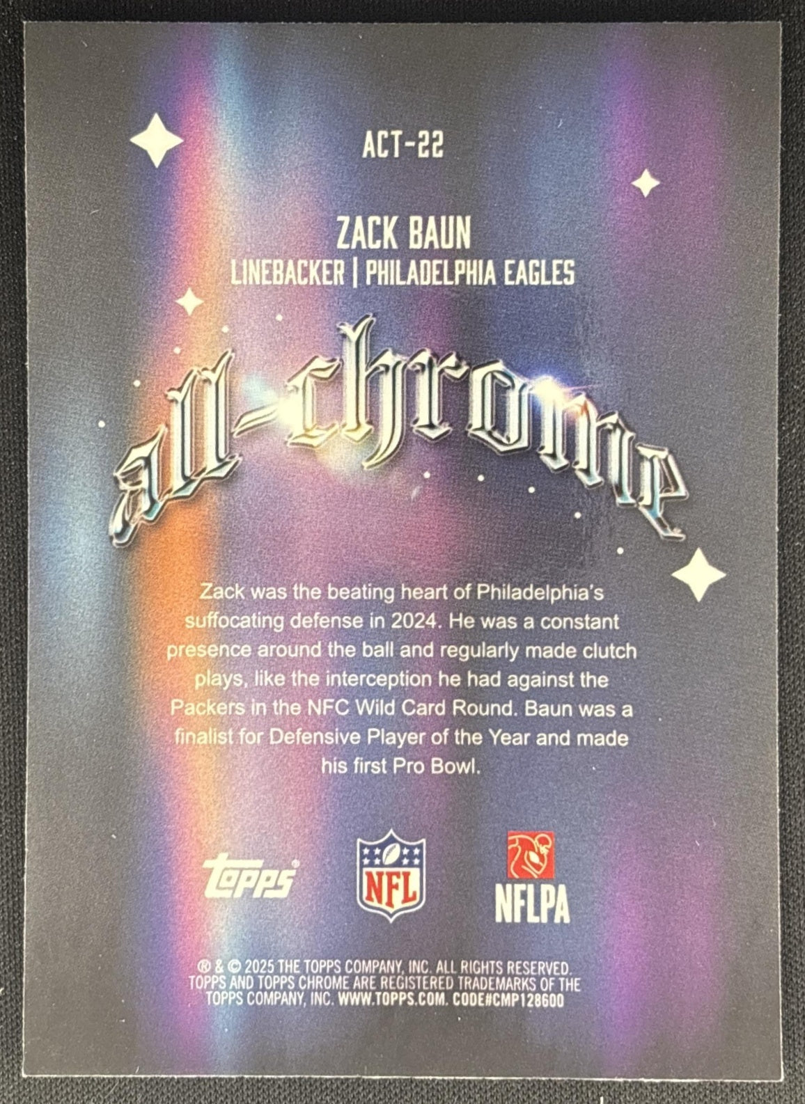 Zack Baun 2025 Topps Chrome All Team Green Refractor /99 Eagles back