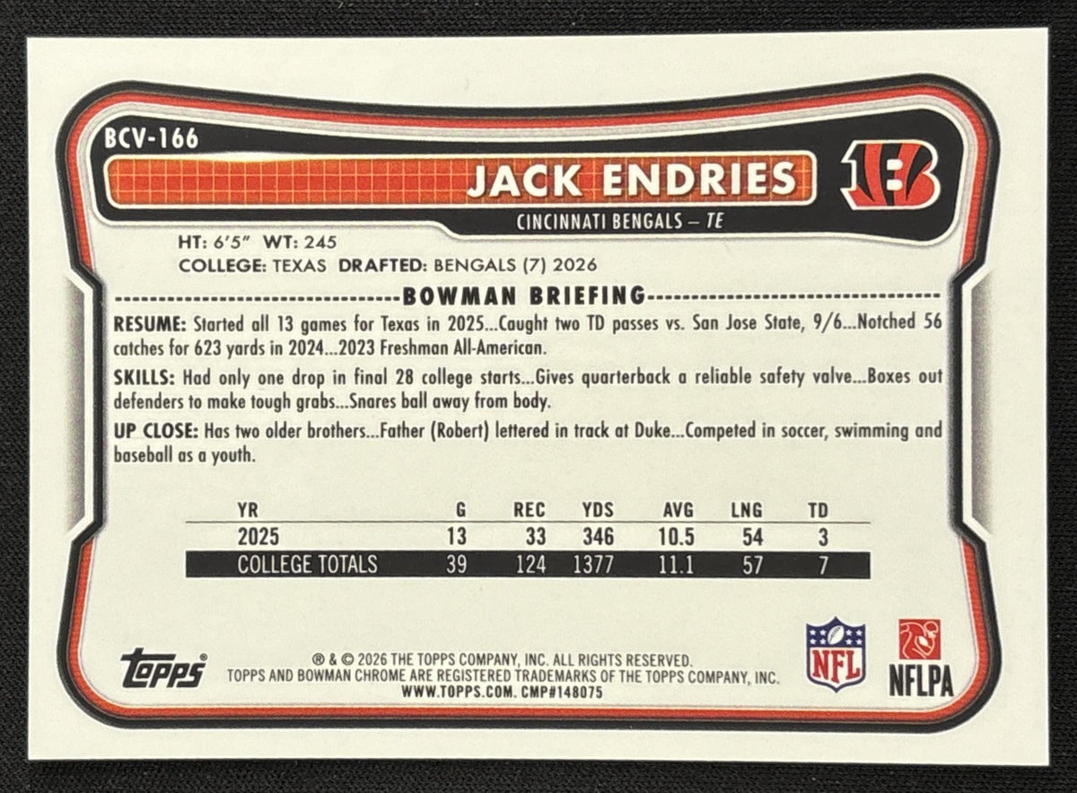 Jack Endries 2026 Bowman Chrome NFL Yellow Mojo Refractor /275 Bengals - back