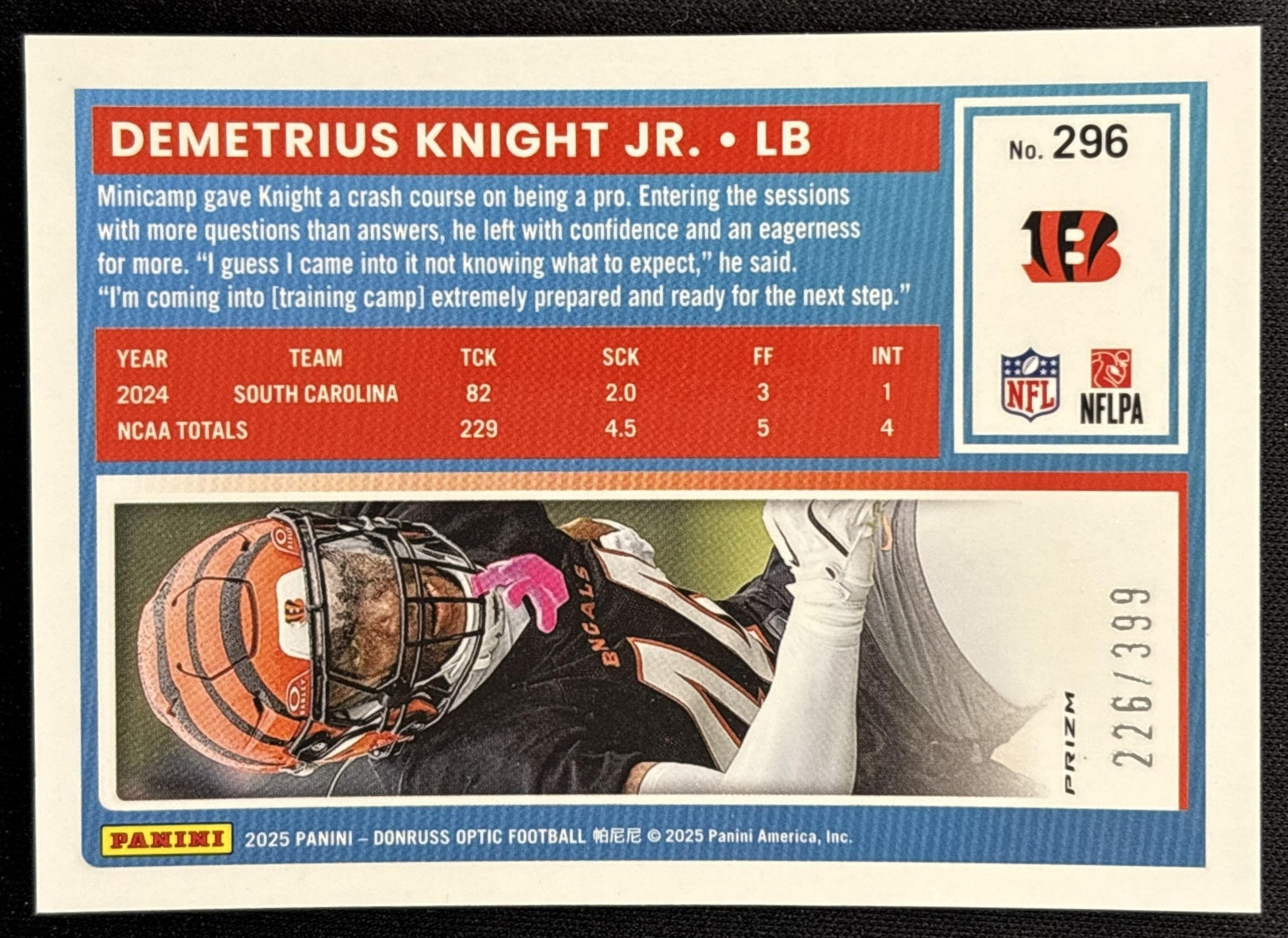 Demetrius Knight Jr. 2025 Donruss Optic Rated Rookie Neon Blue Prizm /399 Bengals