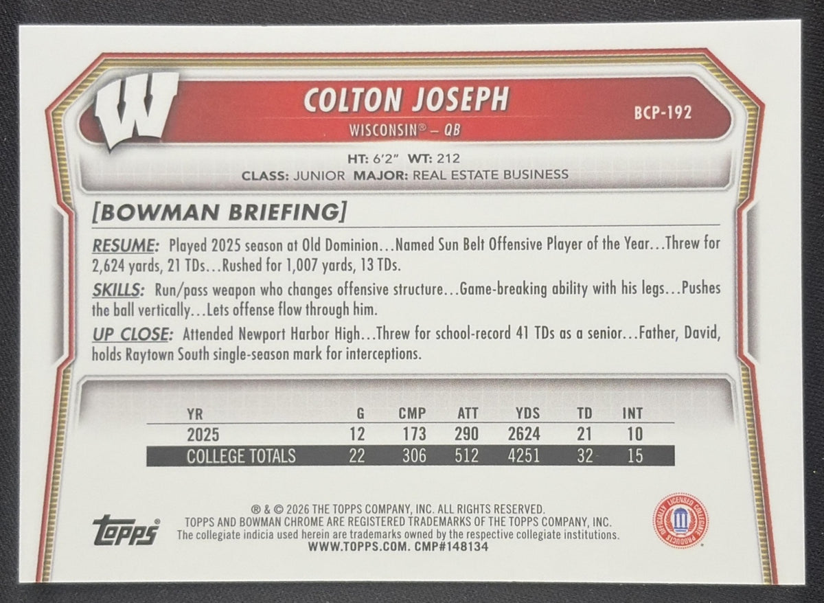 Colton Joseph 2026 Bowman Chrome Prospects Mojo Refractor Badgers