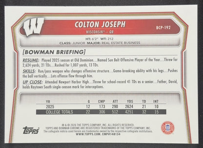 Colton Joseph 2026 Bowman Chrome Prospects Mojo Refractor Badgers