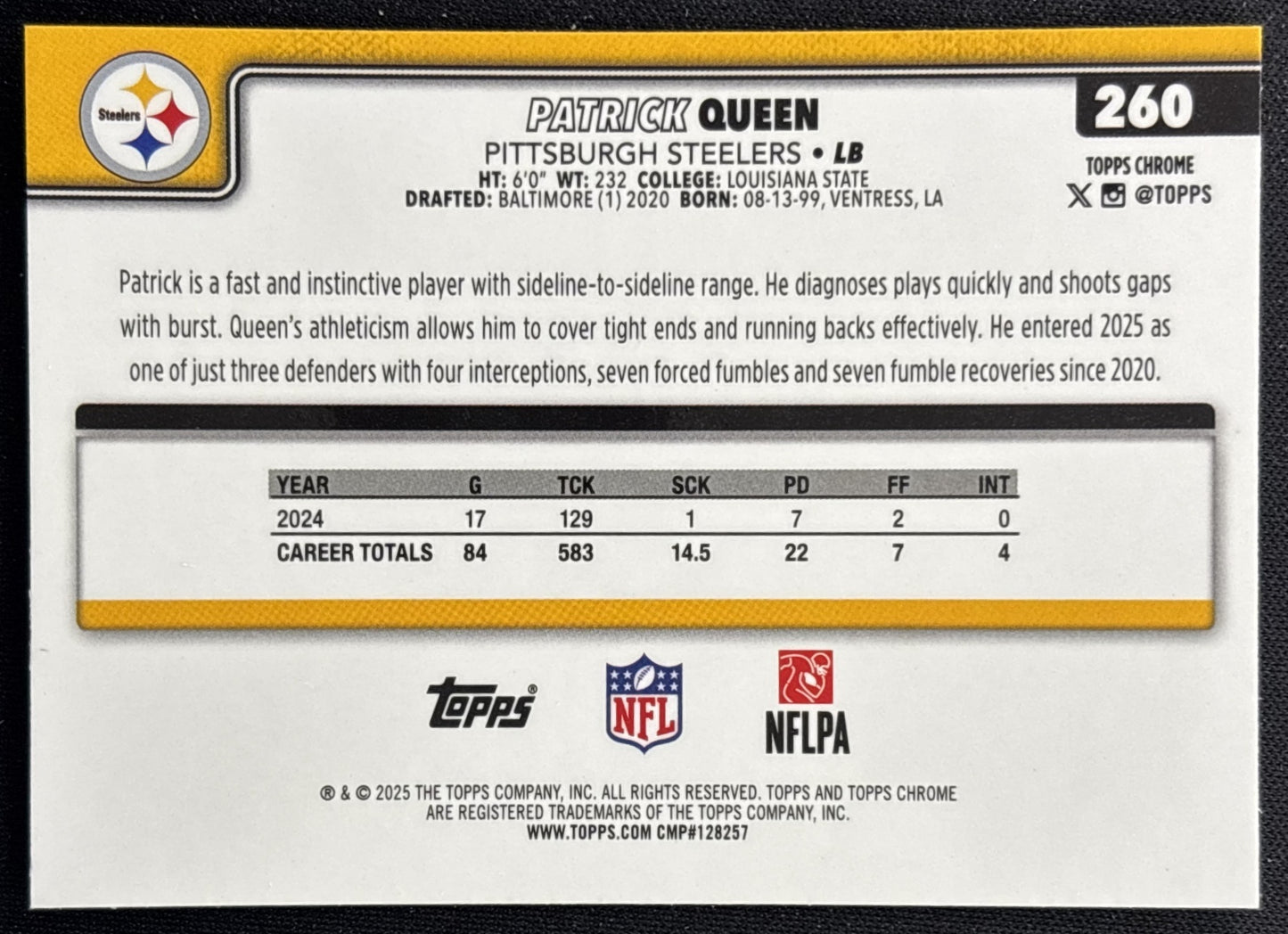 Patrick Queen 2025 Topps Chrome RayWave Refractor Steelers Sports Trading Cards