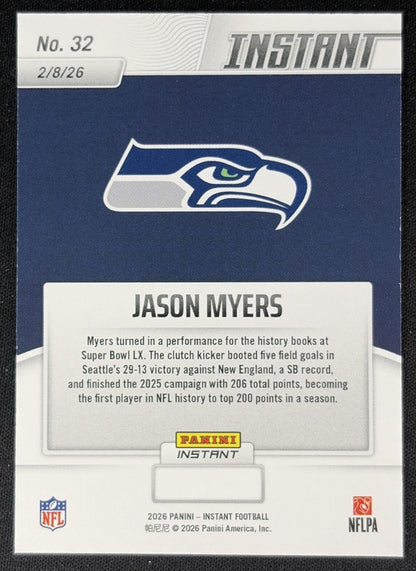 Jason Myers 2026 Panini Instant Super Bowl LIX Champions Seattle Seahawks back