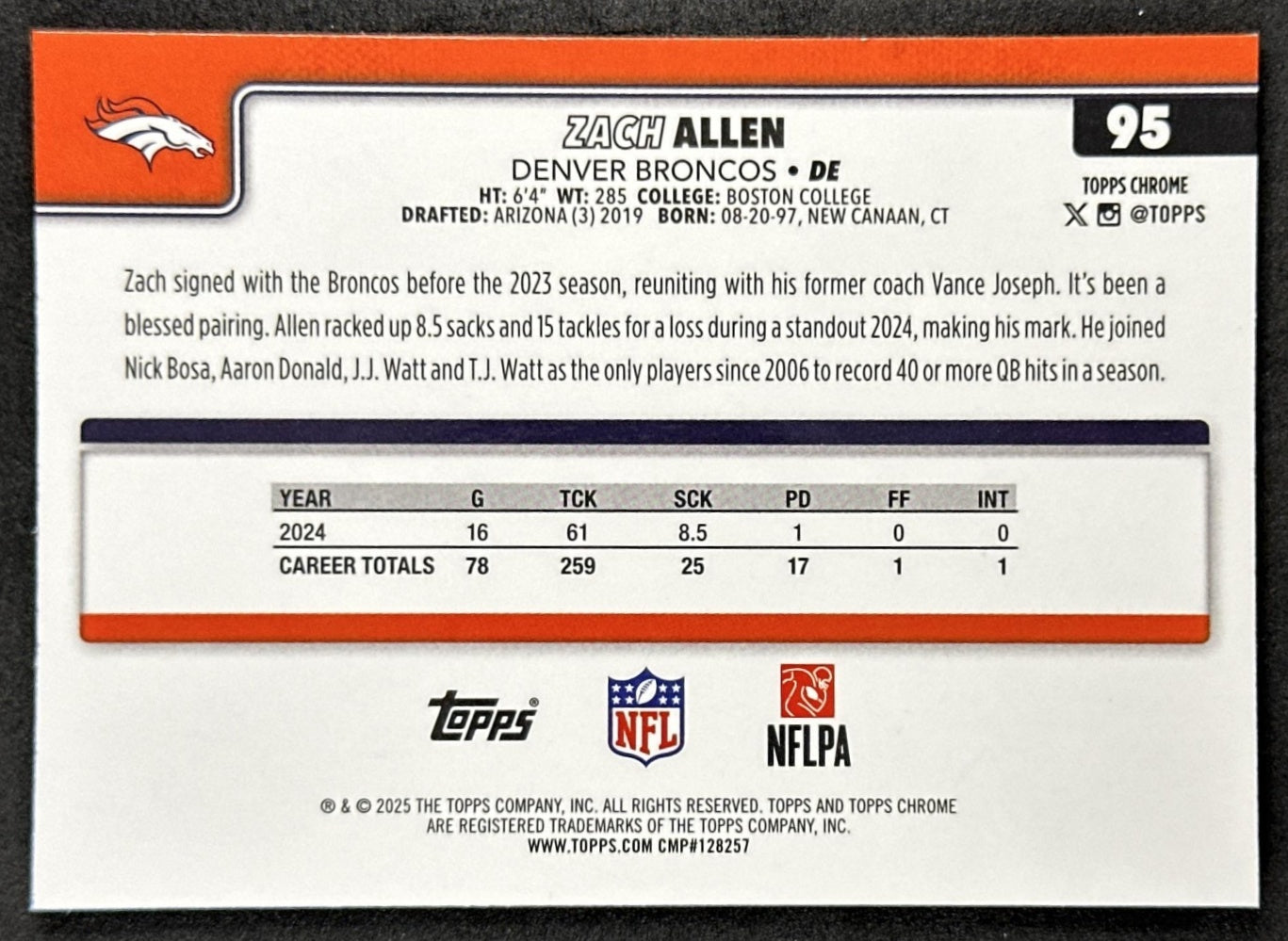Zach Allen 2025 Topps Chrome Sapphire Broncos