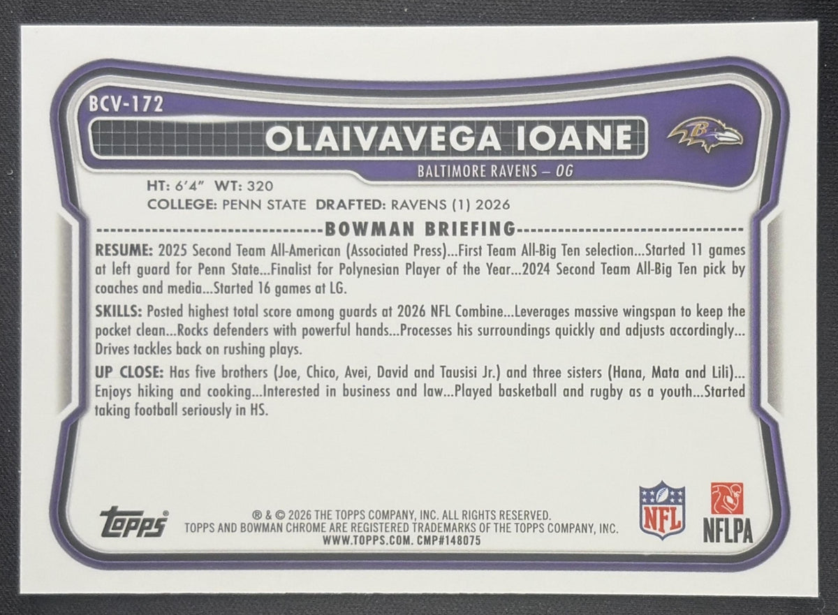 Olaivavega Ioane 2026 Bowman Chrome NFL Mojo Refractor Ravens