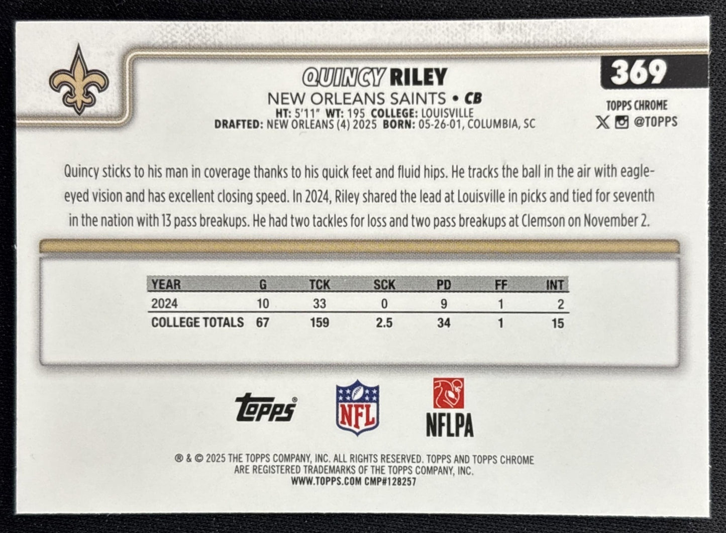 Quincy Riley 2025 Topps Chrome Rookie Teal Wave Refractor /299 Saints back