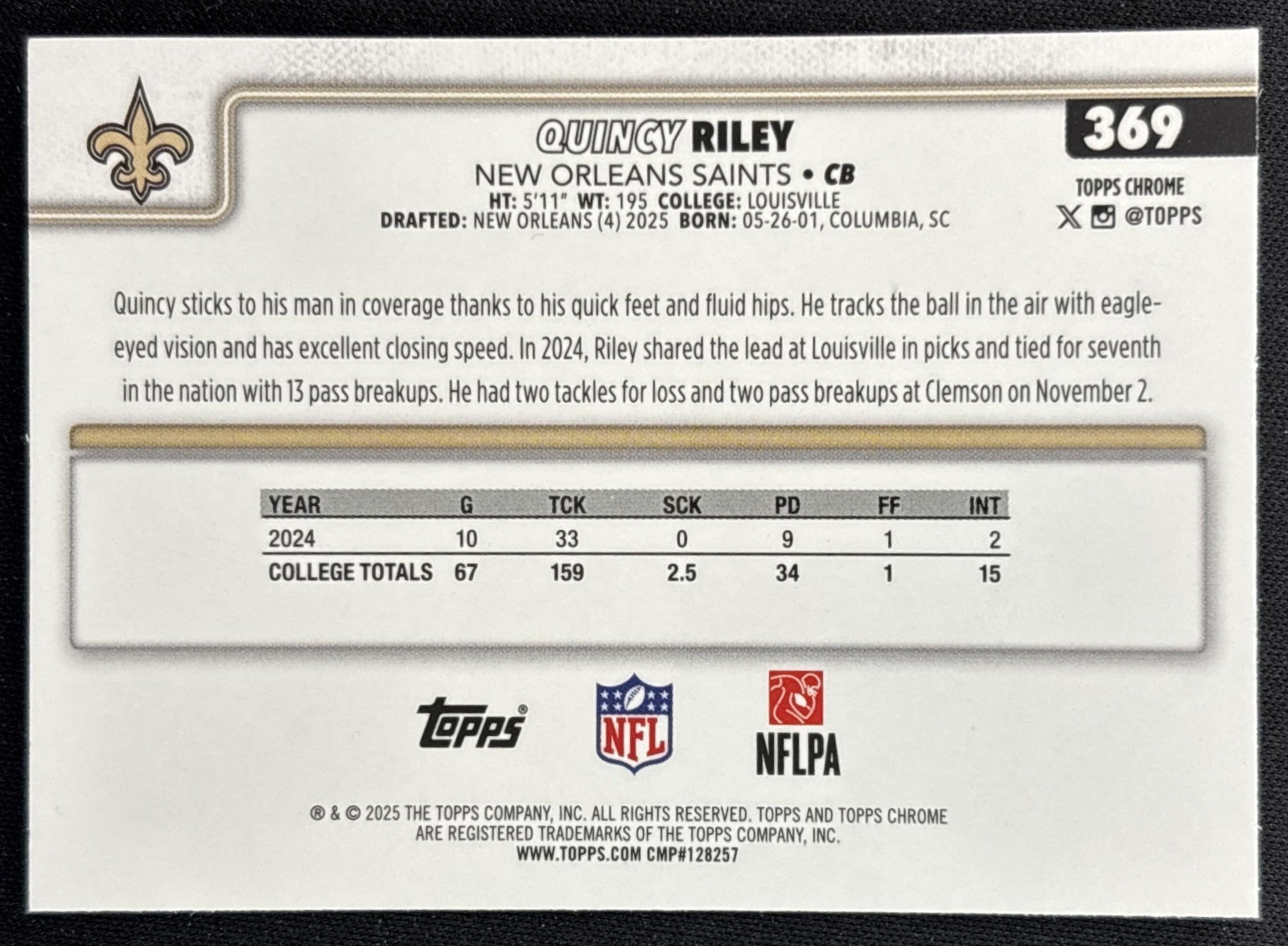 Quincy Riley 2025 Topps Chrome Rookie Teal Wave Refractor /299 Saints back