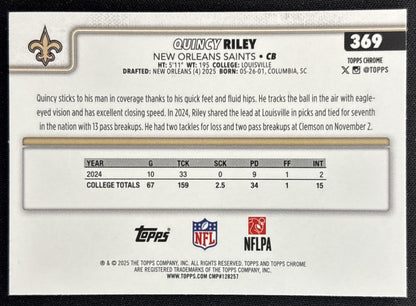Quincy Riley 2025 Topps Chrome Rookie Teal Wave Refractor /299 Saints back
