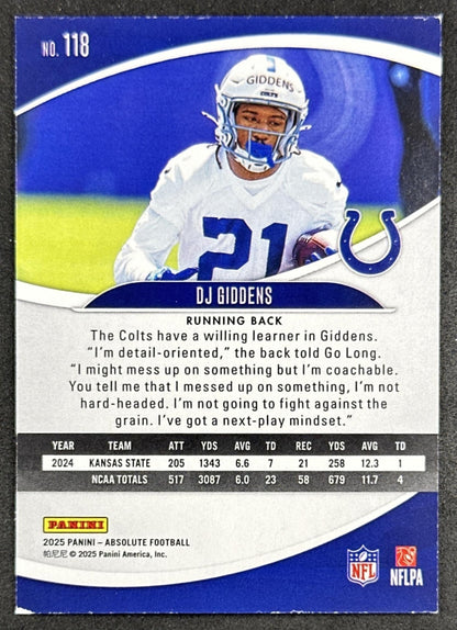 DJ Giddens 2025 Panini Absolute Rookies Colts Sports Trading Cards