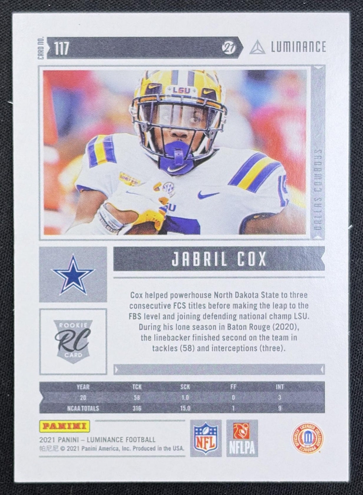 Jabril Cox 2021 Panini Luminance Blue /99 Cowboys back
