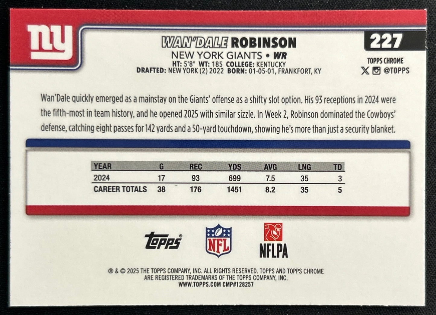 Wan'Dale Robinson 2025 Topps Chrome Giants Sports Trading Cards