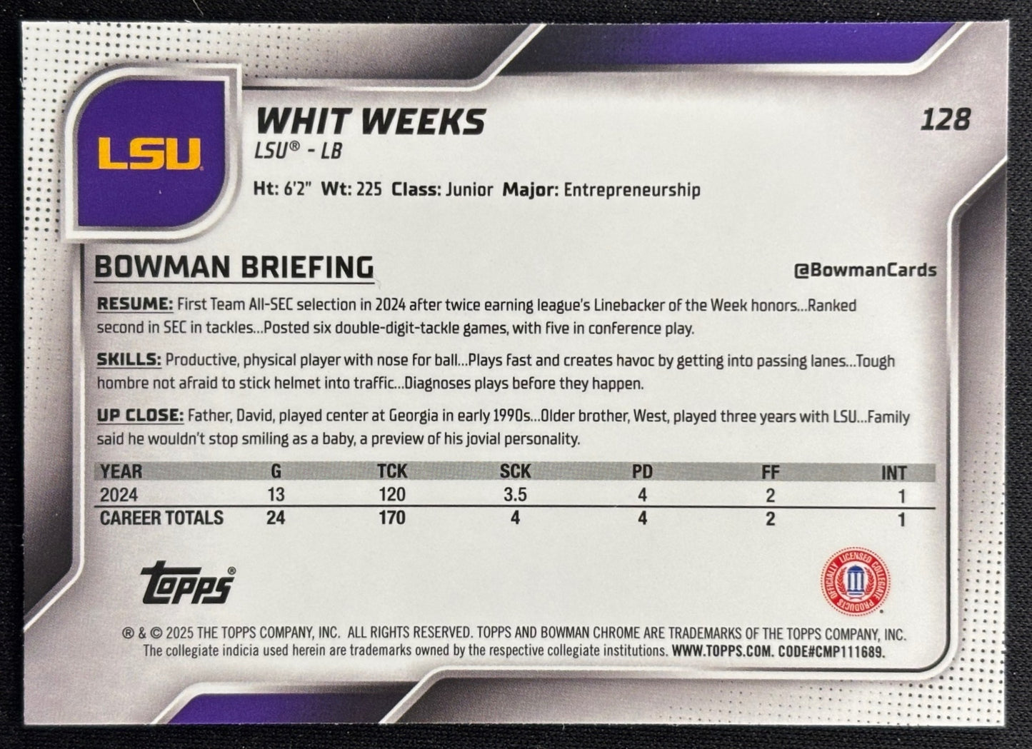 Whit Weeks 2025 Bowman Chrome University Prospects X-Fractor Tigers Sports Trading Cards