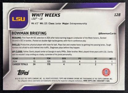 Whit Weeks 2025 Bowman Chrome University Prospects X-Fractor Tigers Sports Trading Cards