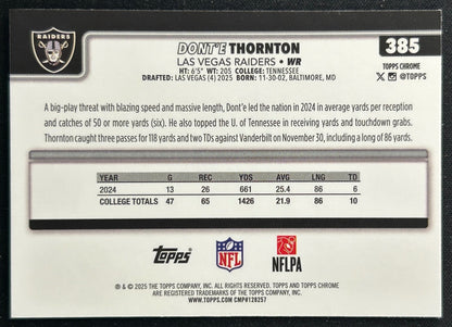Dont'e Thornton Jr. 2025 Topps Chrome Rookie Raiders Sports Trading Cards