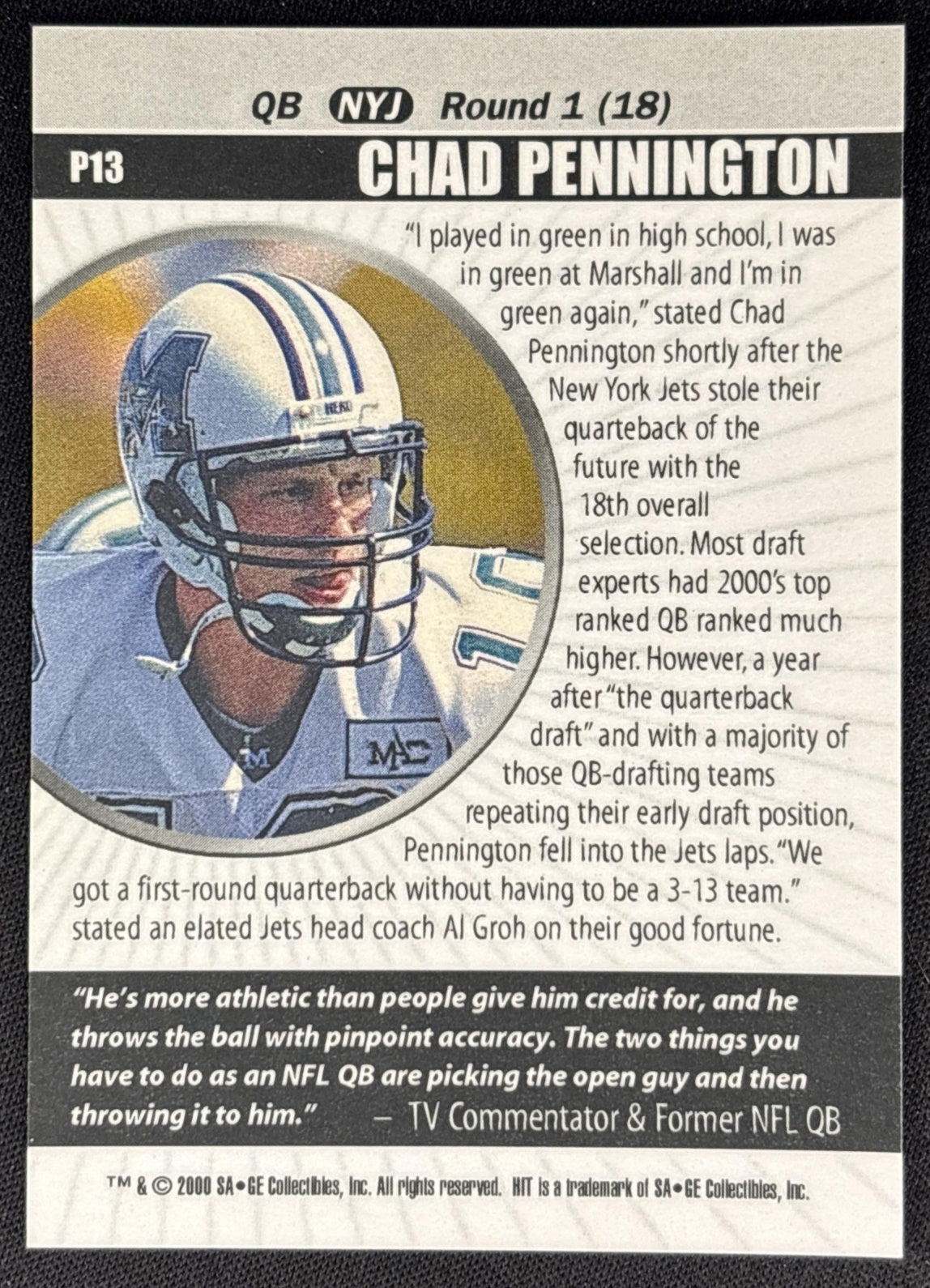 Chad Pennington 2000 SAGE HIT Prospectors Emerald /999 back