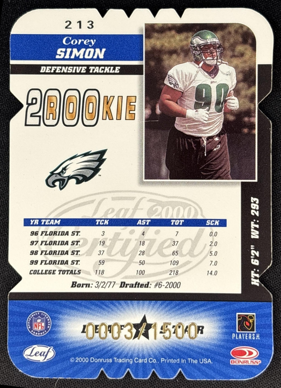 Corey Simon 2000 Leaf Certified /1500 Sports Trading Cards