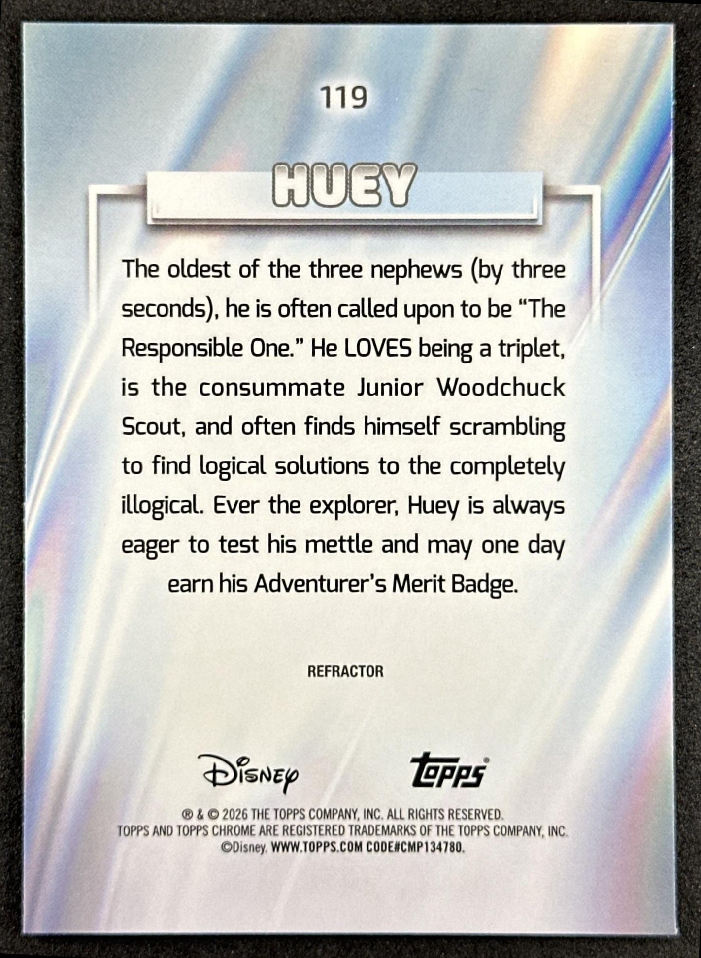 Huey 2026 Topps Chrome Disney Refractor Ducktales Back