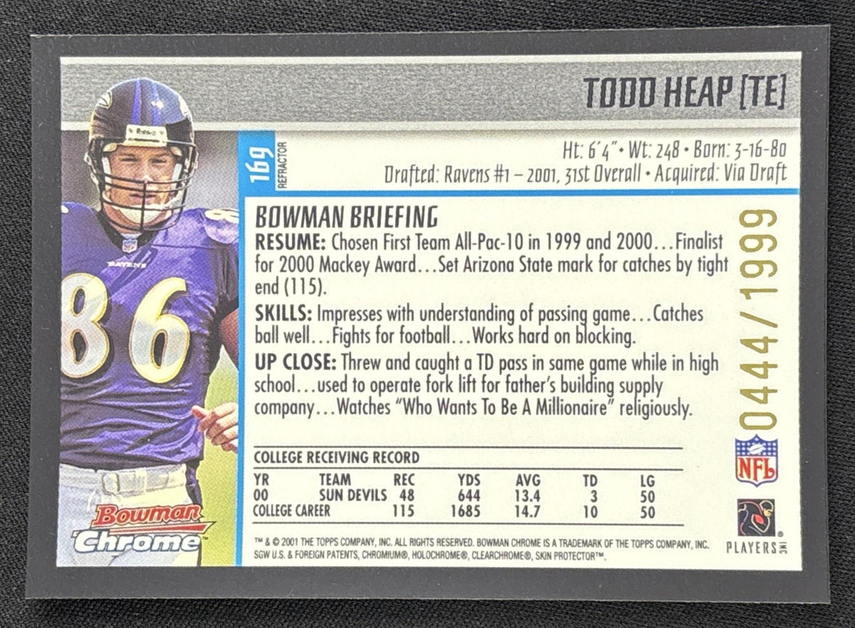Todd Heap 2001 Bowman Chrome /1999 Ravens back
