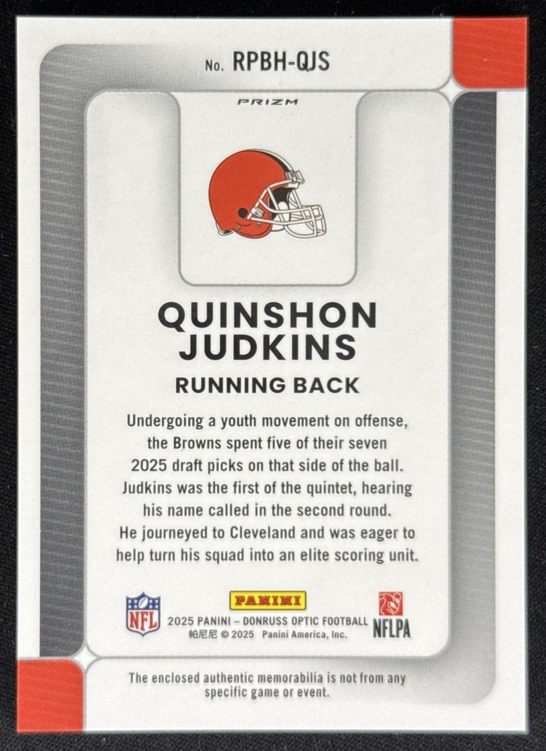 Quinshon Judkins 2025 Panini Donruss Optic Rookie Phenoms Neon Blue Prizm Browns Sports Trading Card