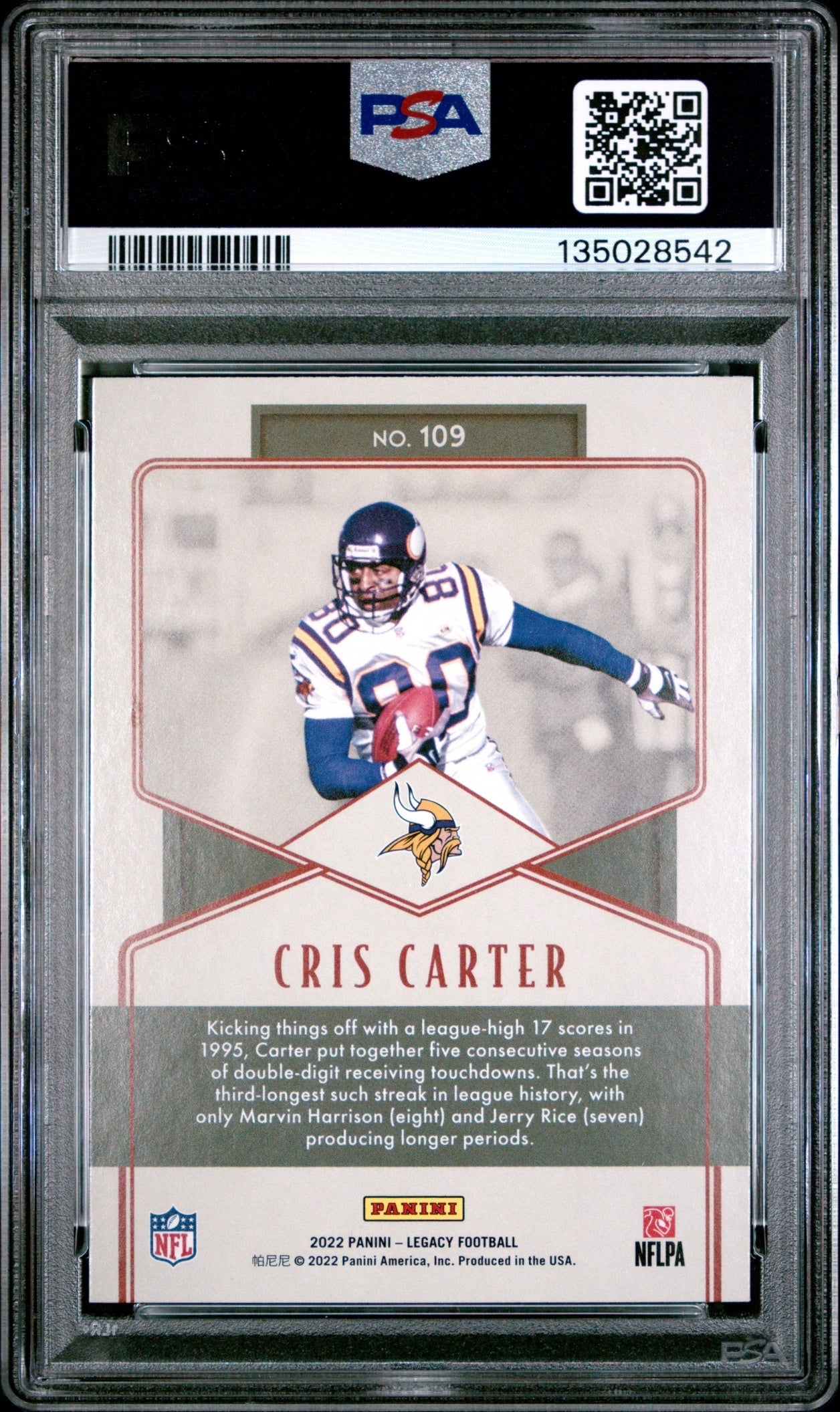 Cris Carter 2022 Panini Legacy PSA 10 Vikings back