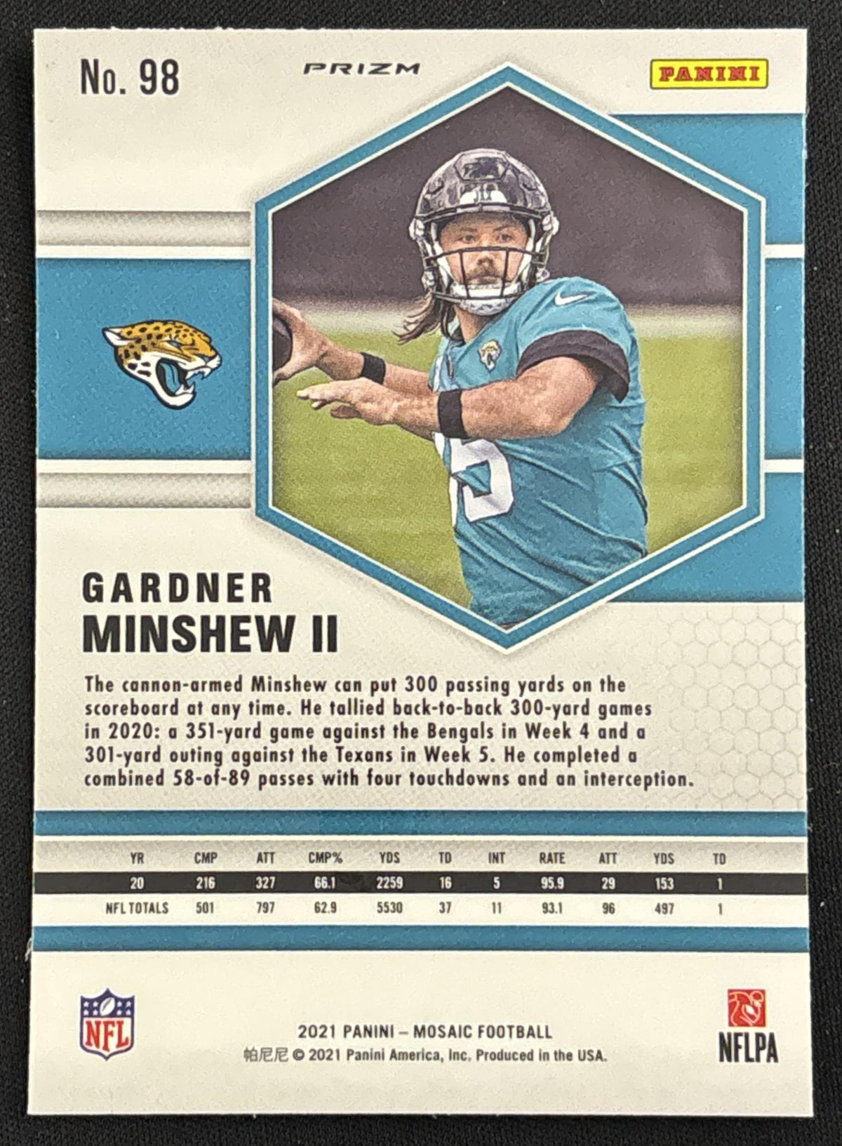 Gardner Minshew II 2021 Panini Mosaic White Sparkle Prizm SSP Jaguars sports trading card back