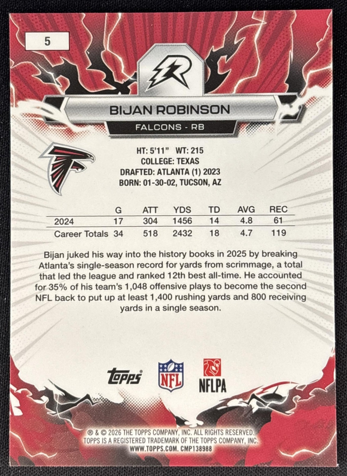 Bijan Robinson 2025 Topps Resurgence Falcons Atlanta Falcons back