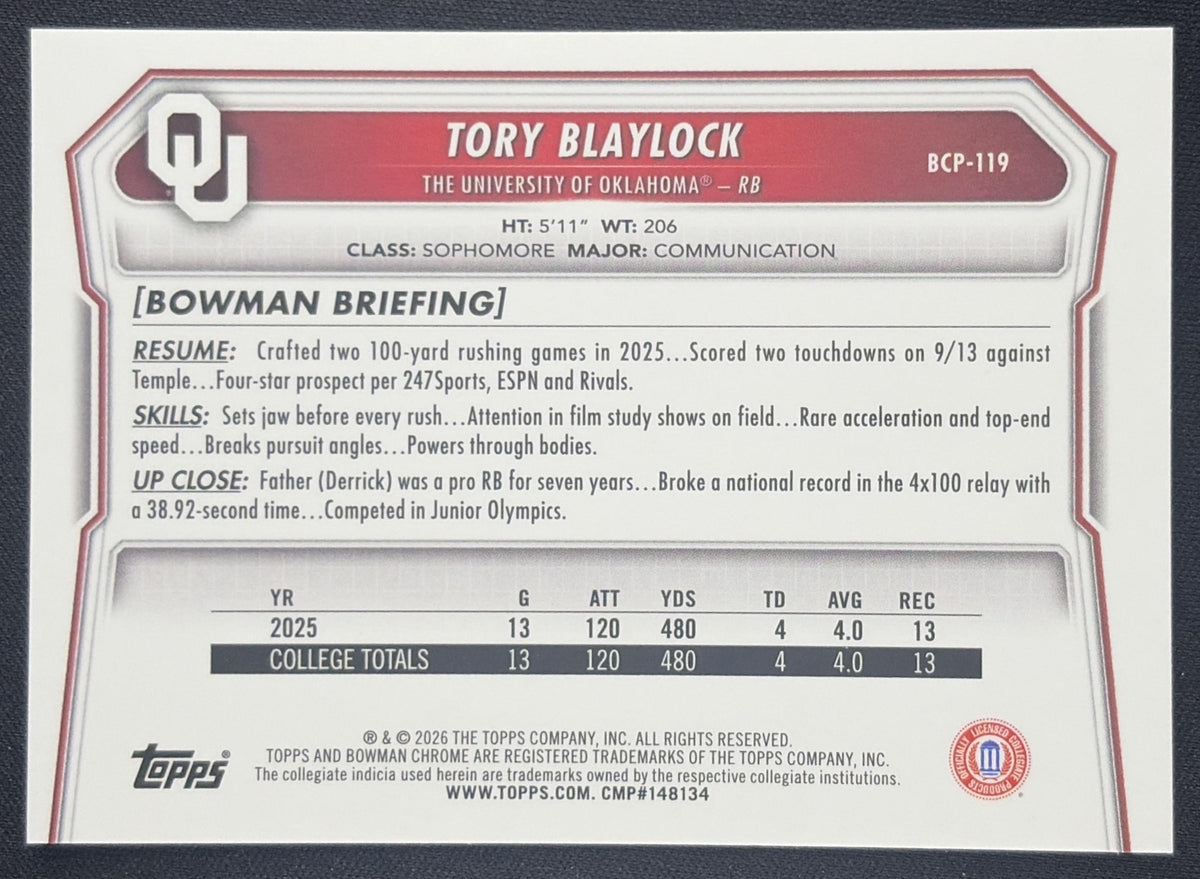 Tory Blaylock 2026 Bowman Chrome Prospects Mojo Refractor Sooners