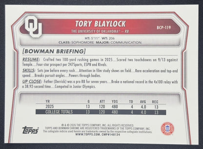 Tory Blaylock 2026 Bowman Chrome Prospects Mojo Refractor Sooners